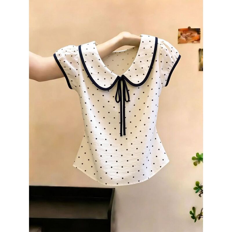 Korean-Style Sweet Color-Blocked Doll Collar Short-Sleeve T-Shirt for Women, New Summer Polka Dot Slim-Fit Waist-Cinching Top Korean-Style Sweet Color-Blocked Doll Collar Short-Sleeve T-Shirt for Women, New Summer Polka Dot Slim-Fit Waist-Cinching Top