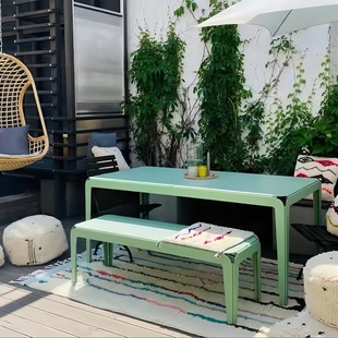 Cream Style Outdoor Dining Table and Chairs Stainless Steel Anti-Corrosion and Anti-Rust Table and Chair Combination Garden Courtyard Balcony Villa Long Table and Chairs