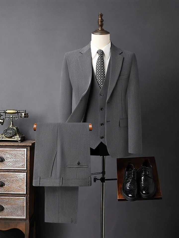 Bộ vest nam ba món vải co giãn bốn chiều, ve áo rộng, dáng ôm, phong cách công sở — Màu xanh tím than, màu xám, màu đen