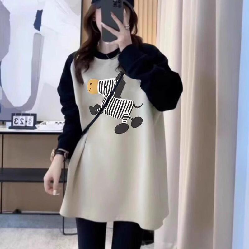 Long-Sleeve T-Shirt Sweatshirt for Women with Barbie Pants, Fleece-Lined, Loose, Fashionable, Slimming, Mid-Length, Covers Hips Long-Sleeve T-Shirt Sweatshirt for Women with Barbie Pants, Fleece-Lined, Loose, Fashionable, Slimming, Mid-Length, Covers Hips