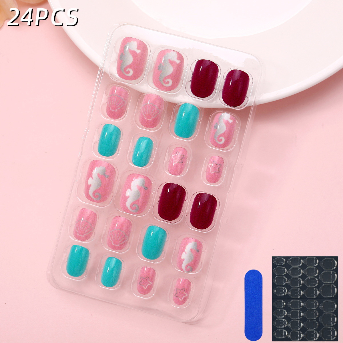 Juego de 24 piezas de uñas postizas para niños con diseño de dibujos animados, desmontables con adhesivo y exquisito diseño.