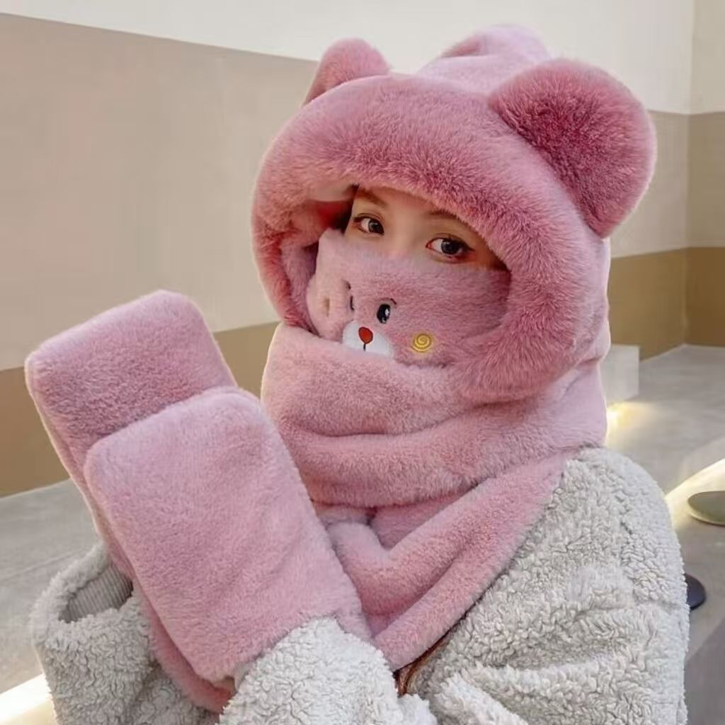 피치 핑크 (마스크 미포함) - 고품질 인기 상품 기모 안감 곰돌이 귀 3종 세트