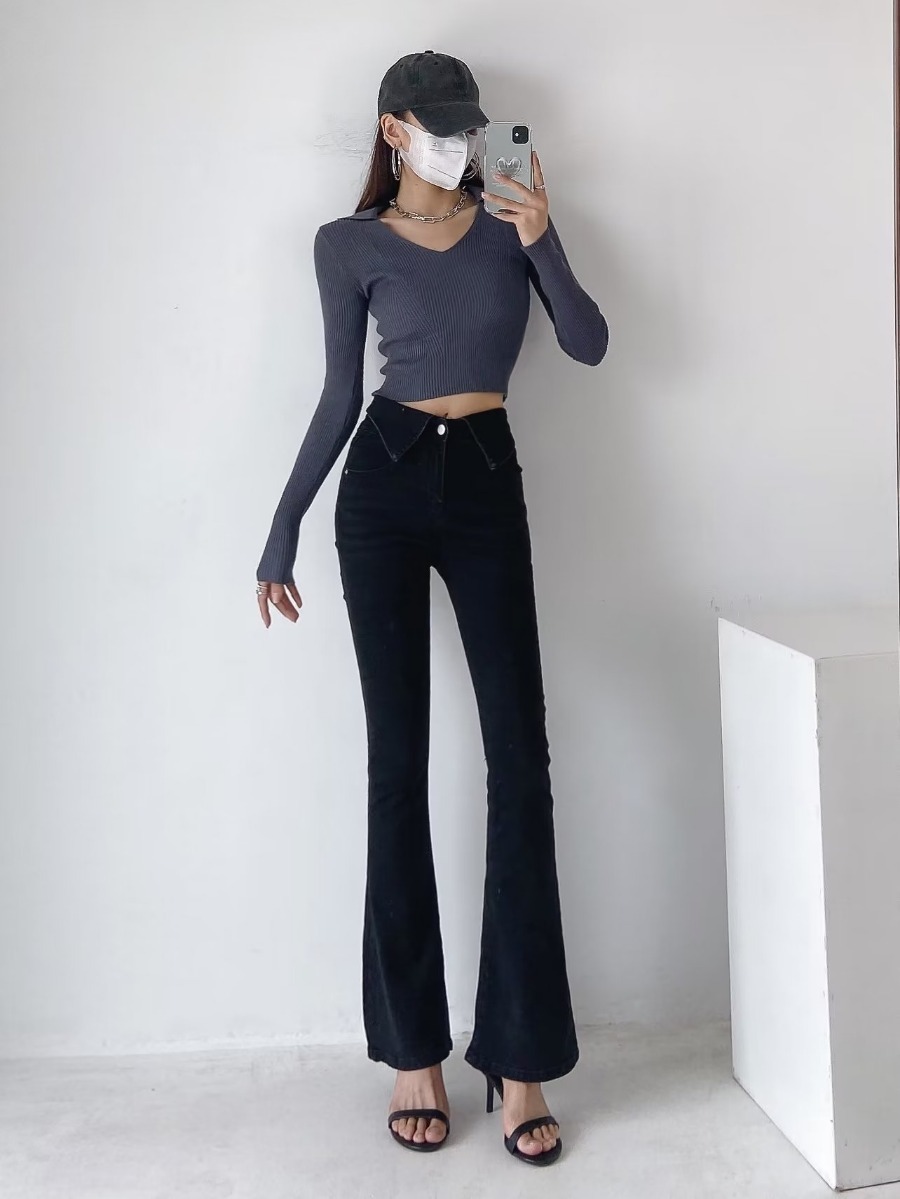 Flanged high waist flared stretch solid color jeans NSXDX137476