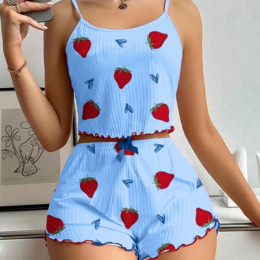 knitted summer shorts pajama set (women), ribbed, heart print, lifting effect, S–XL