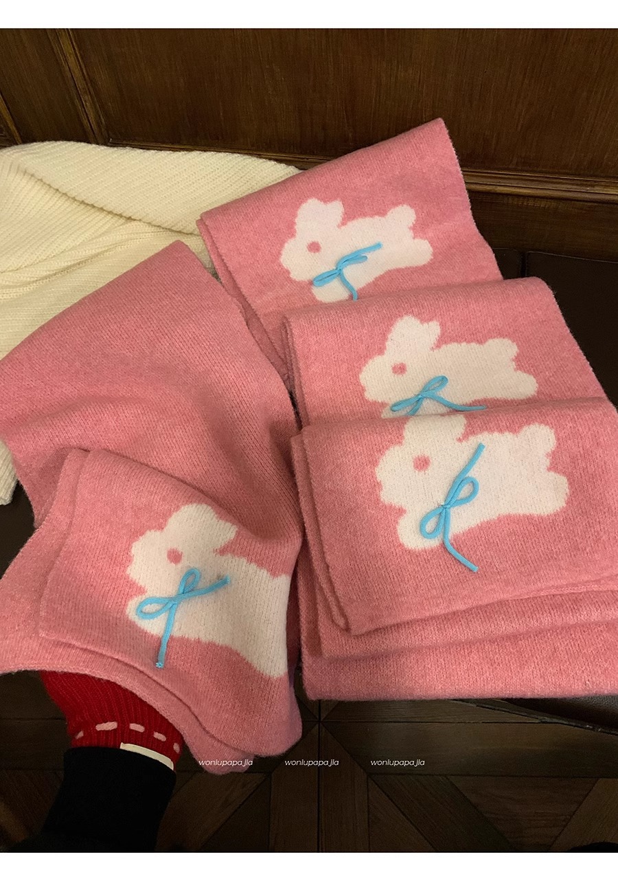 Winter 2024 New Warm Knitted Female Cute Rabbit Bow Leisure Outdoor Windproof and Cold resistant Scarf_voghion.com