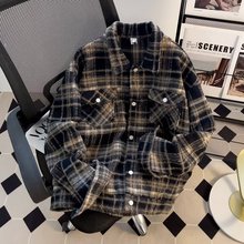 毛呢美式复古格子外套男秋冬宽松大码棉服小香风夹克棒球服男红色