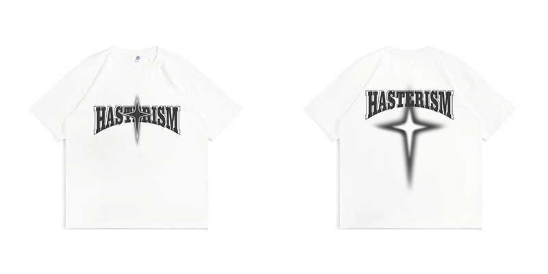 American High Street Fashion Brand T-shirt Men's Short Sleeve Star Print Loose Oversize Off Shoulder Cotton Round Neck_voghion.com