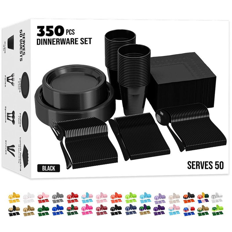 Disposable Tableware Set Amazon Solid Color Party Plastic Plates Birthday Decoration Plates and Cups Set for 50 People