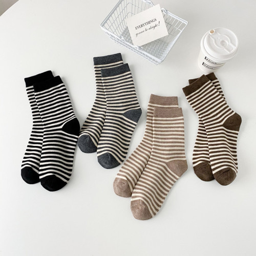 Striped socks Women's mid-tube socks autumn and winter long tube pile socks Japanese ins fashion trend versatile outside wear students