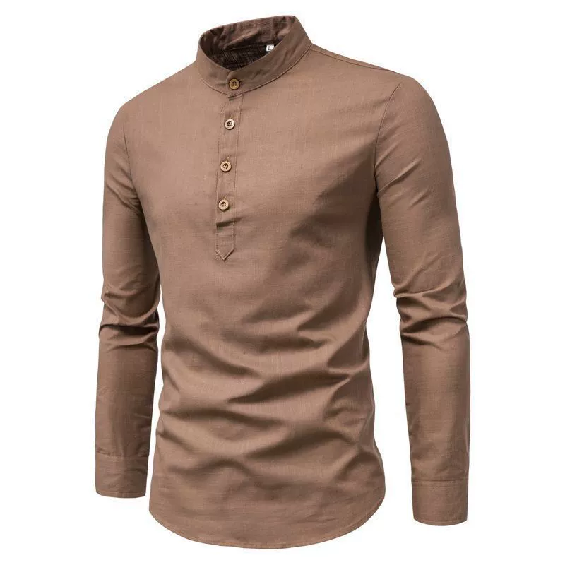 Весенняя мужская рубашка с длинным рукавом, slim fit, китайский стиль, хлопок и лён, узкий крой,