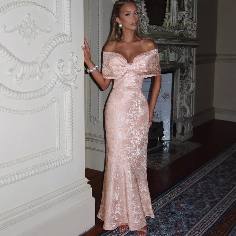 Foreign Trade Ready-Made Bow One-Shoulder Tube Top Jacquard Fishtail Style Elegant Evening Dress