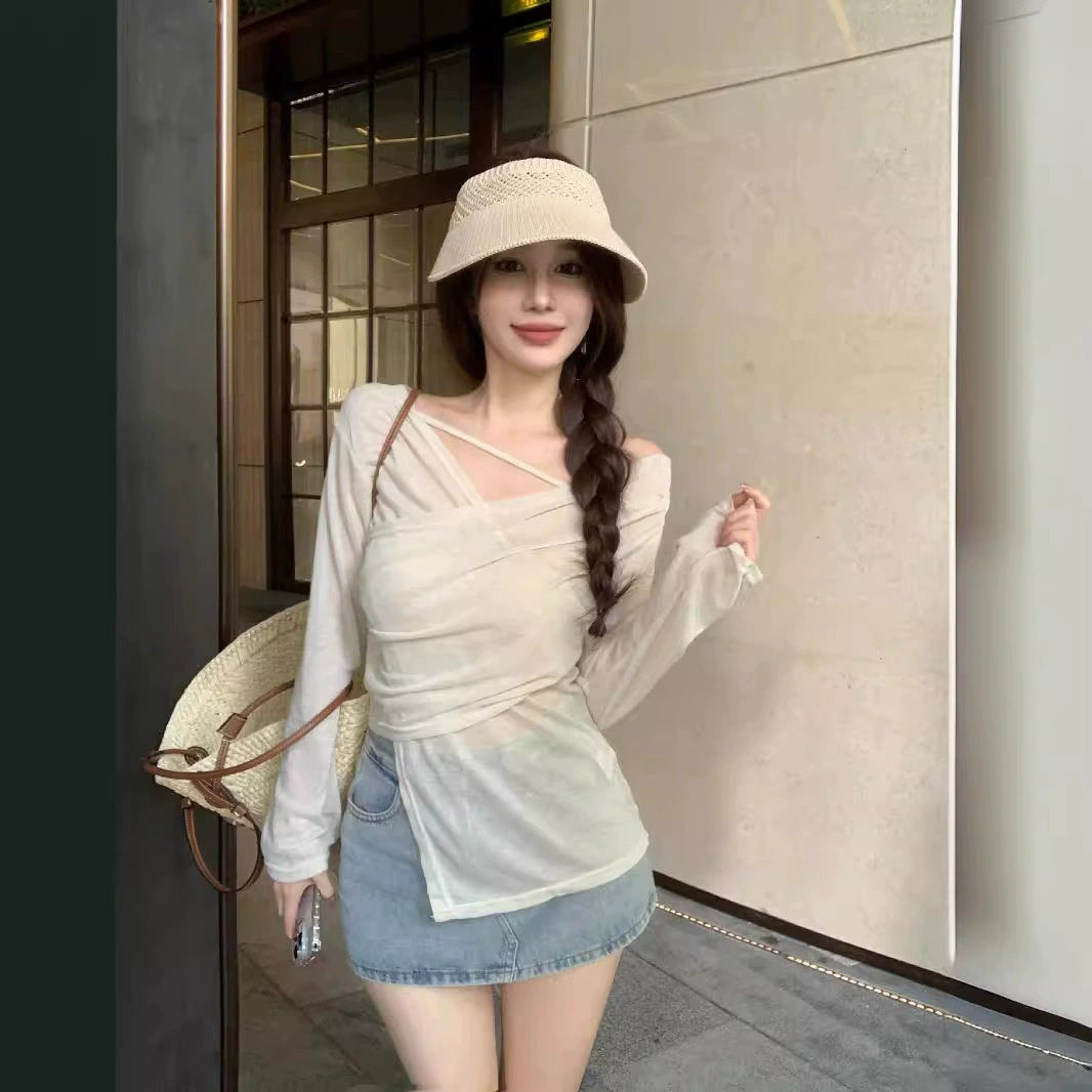 Футболка с кондиционером солнцезащитный крем футболка с длинными рукавами для женщин весной и летом тонкая микропрозрачная блузка нерегулярная чисто скрещенные блузки с v-образным вырезом