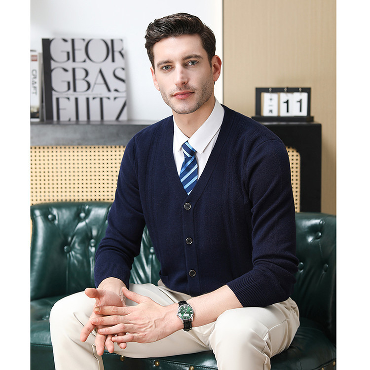 Otoño y invierno hombres de punto Cardigan de mediana edad nuevo negocio Jacquard de manga larga chaqueta casual de punto hombre suéter delgado