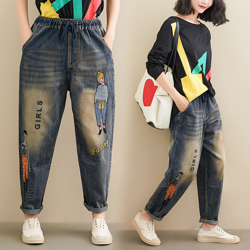 Real Photos of In-Stock Artistic Plus-Size Cartoon Embroidered Harem Jeans, Selling Price Not Less Than
