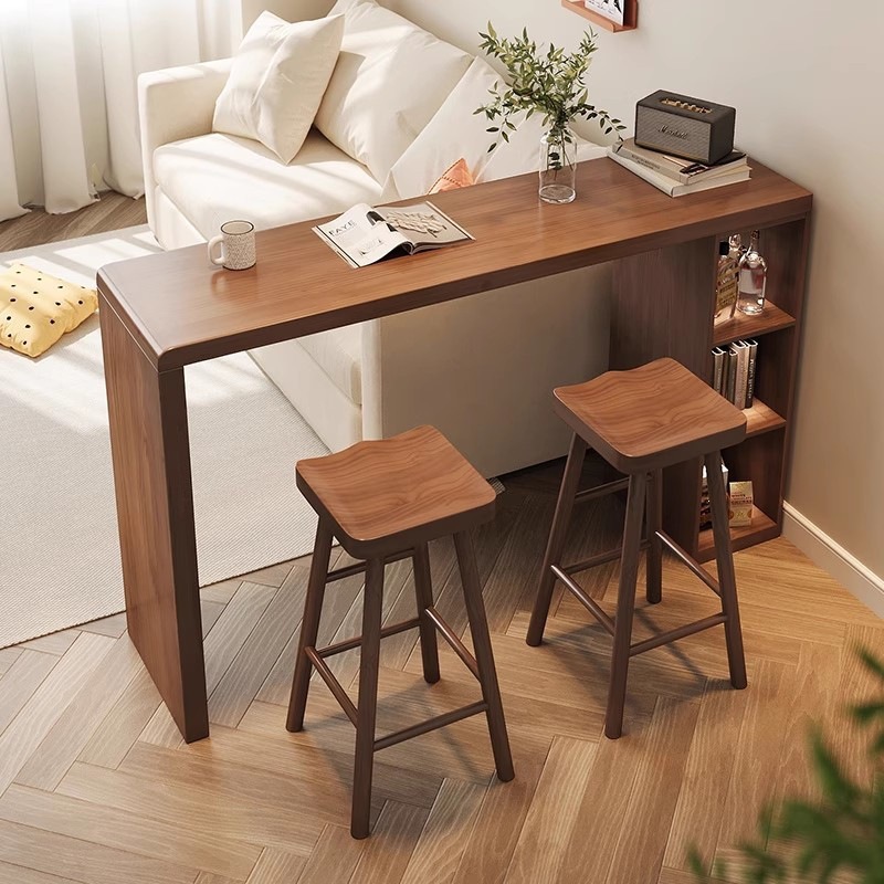 Retro Walnut-Colored Solid Wood Bar Counter with Storage Cabinet, Creative High-Footed Tea Table for Small Apartments, Long Table Next to the Sofa for Home Use