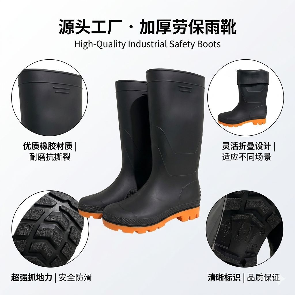 Zapatos de lluvia de protección laboral de PVC para hombres zapatos de goma antideslizante de barril alto zapatos de agua espesar tendón fuente al por mayor