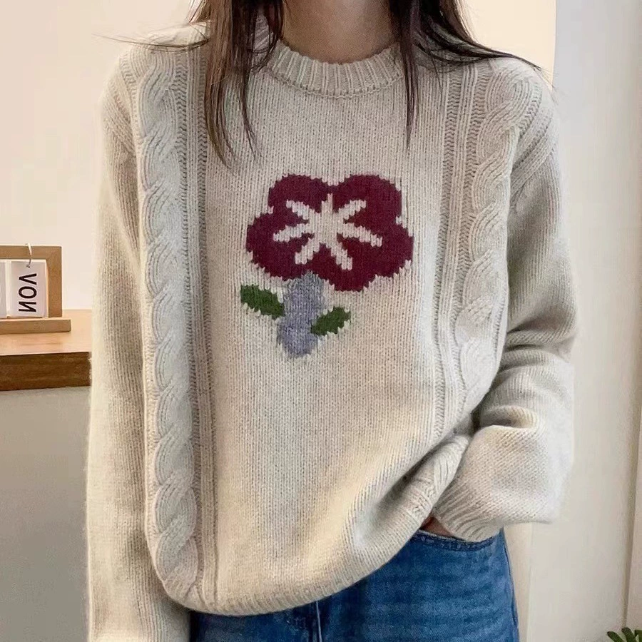 2024 новый осенний и зимний круглый воротник корейский цветок жаккардовый узор свитер свободный дикий свитер с длинными рукавами