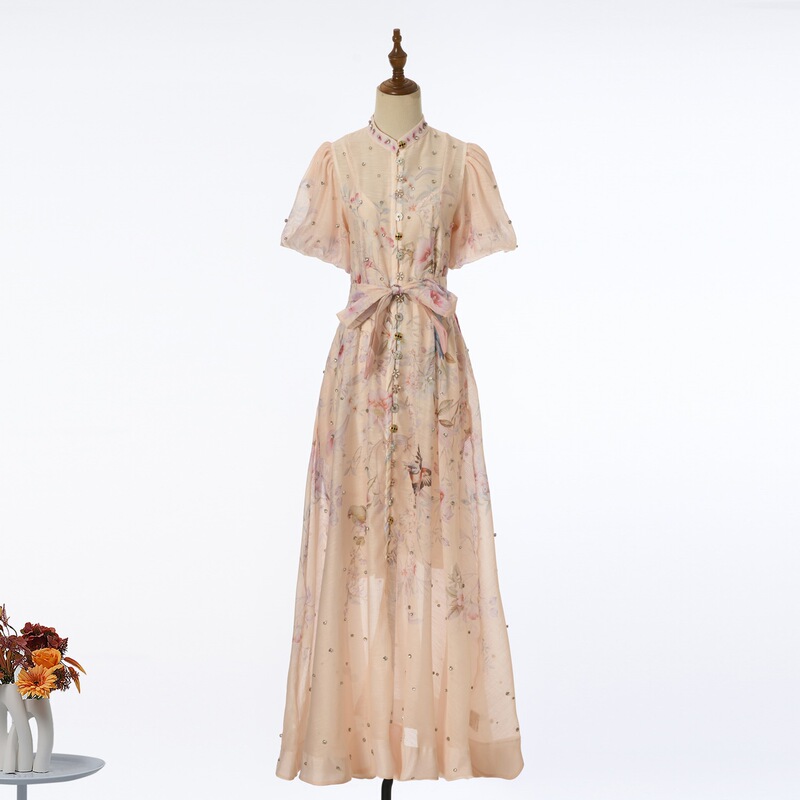 Z Brand Summer Luxury Rhinestone Embellished Heavy-Duty Dress Cross-Border Women's Fashion Tie-Waist Slim Fit Puff Sleeve Long Dress