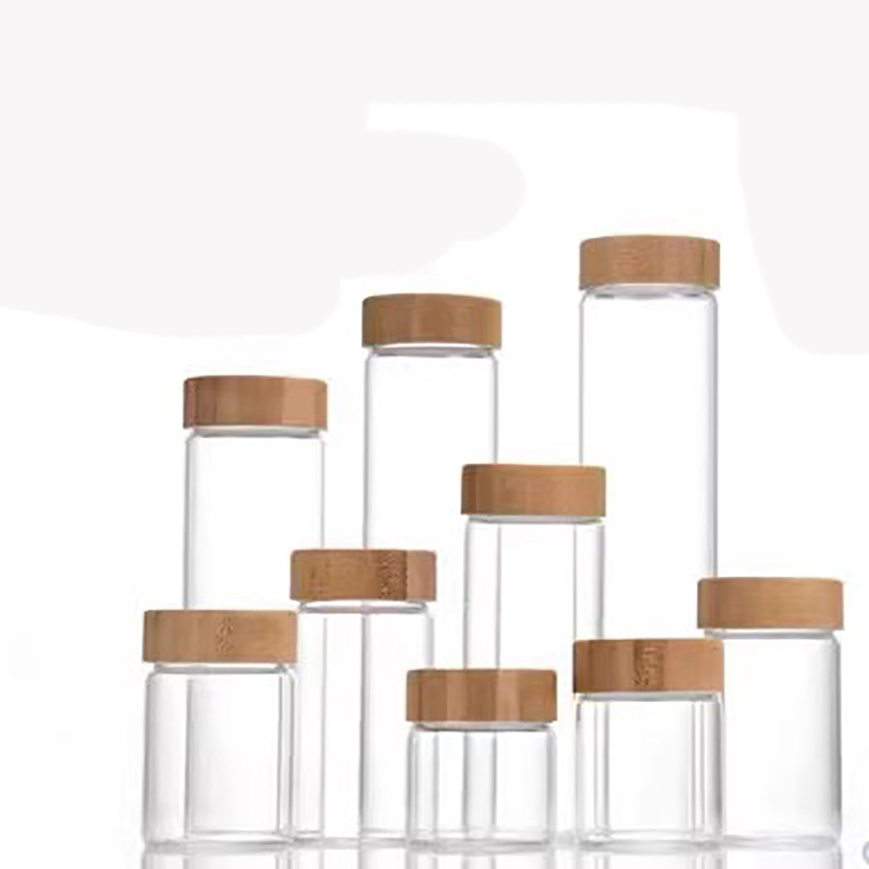 透明47mm竹木盖高硼硅玻璃瓶50ml胶囊瓶螺口带盖茶叶药粉咖啡豆瓶