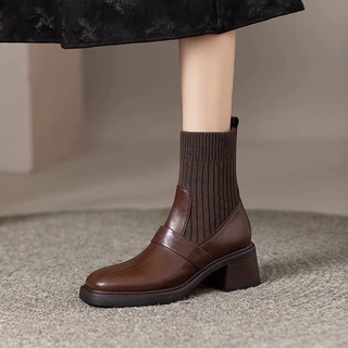 法式秋冬季针织筒粗跟短靴女真皮高跟瘦瘦靴子棕色马丁靴弹力袜靴