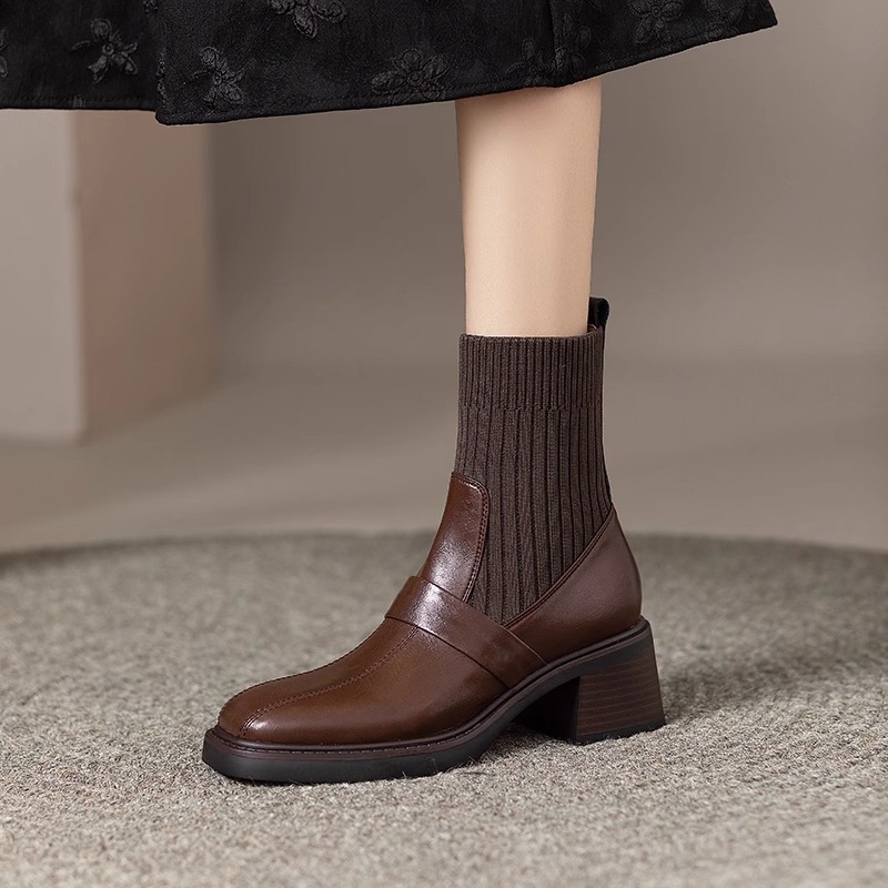 In-Stock Autumn and Winter Knitted Tube Thick-Heeled Short Boots for Women, Genuine Leather High-Heeled Slim Boots, Brown Martin Boots, Elastic Sock Boots