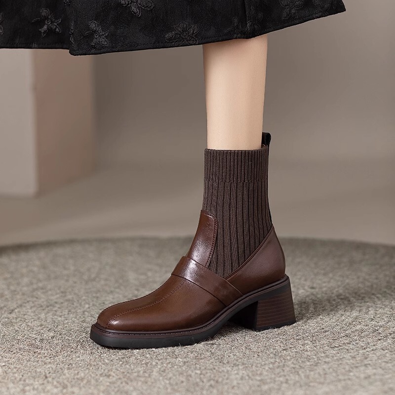 In-Stock Autumn and Winter Knitted Tube Thick-Heeled Short Boots for Women, Genuine Leather High-Heeled Slim Boots, Brown Martin Boots, Elastic Sock Boots