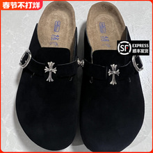 【现货】十字架勃肯鞋女厚底博肯懒人一脚蹬真皮包头半拖鞋子复古