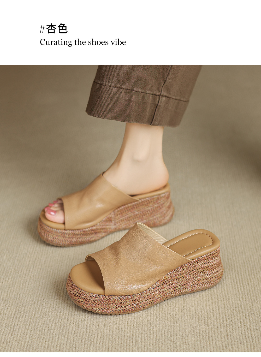 Dép sandal nữ quai ngang đế xuồng bệt gót thấp mũi hở chất liệu da cừu — màu trắng ngà, màu mơ chi tiết 16
