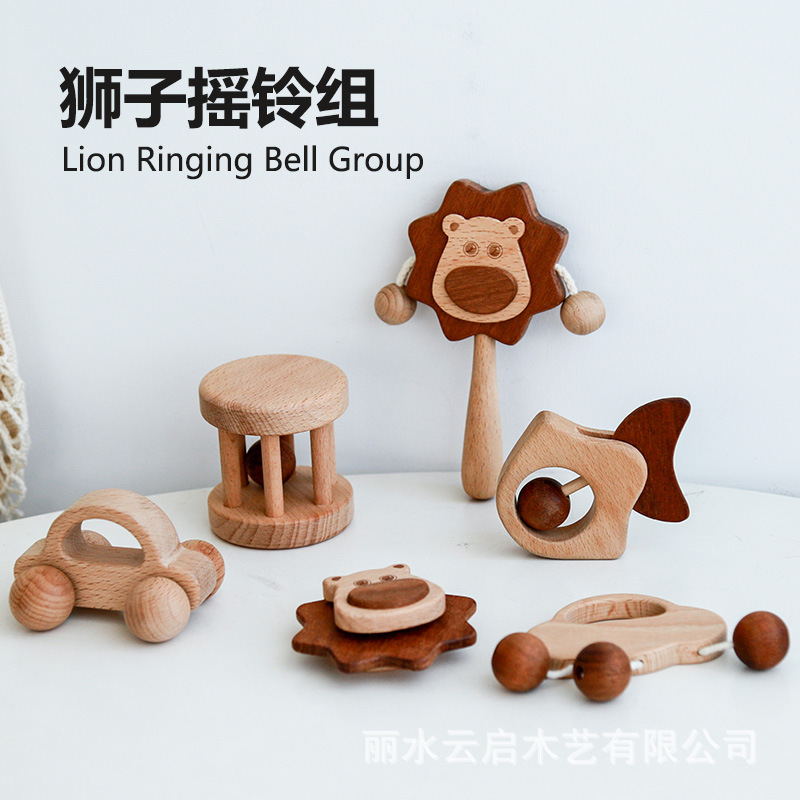 Wooden hand rattle, Korean style, unpainted, chewable, teething rattle, gift box, wooden item.