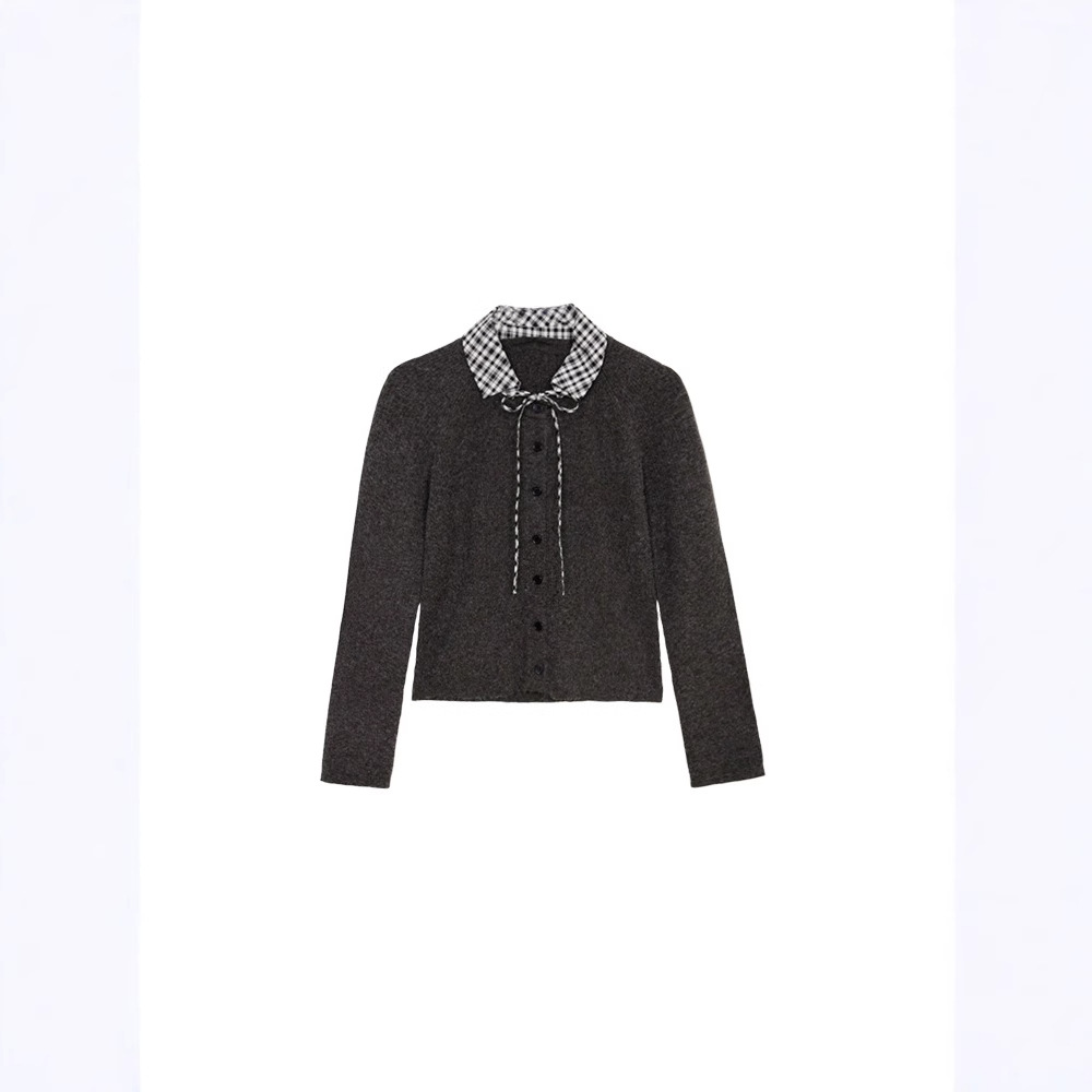 홍 셔츠 2024 가을과 겨울 새 옷깃 스웨터 니트 카디건 기질 디자인 센스 레이스 스웨터 여성 탑 코트