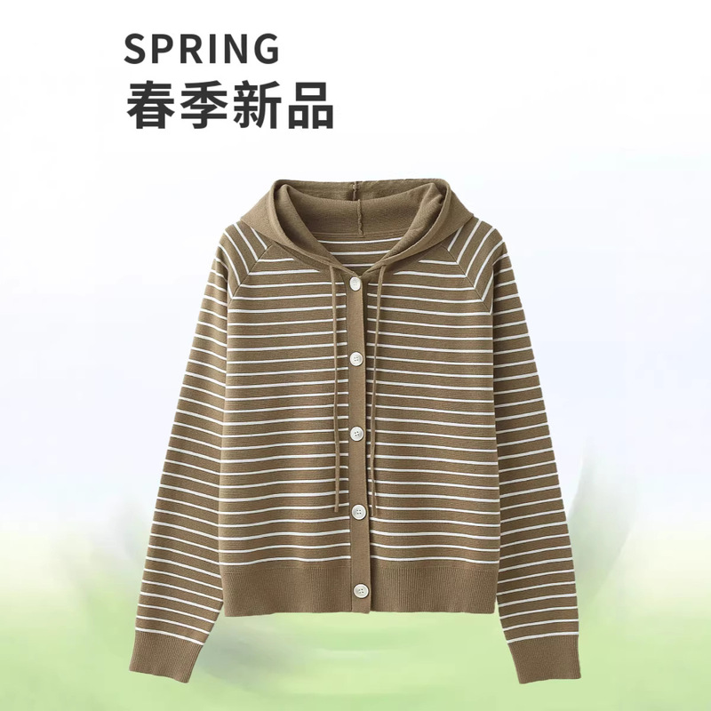 2026 Early Spring New Hooded Sweatshirt Jacket for Women, Striped Casual Versatile Knitted Cardigan, Loose Fashion Sweater