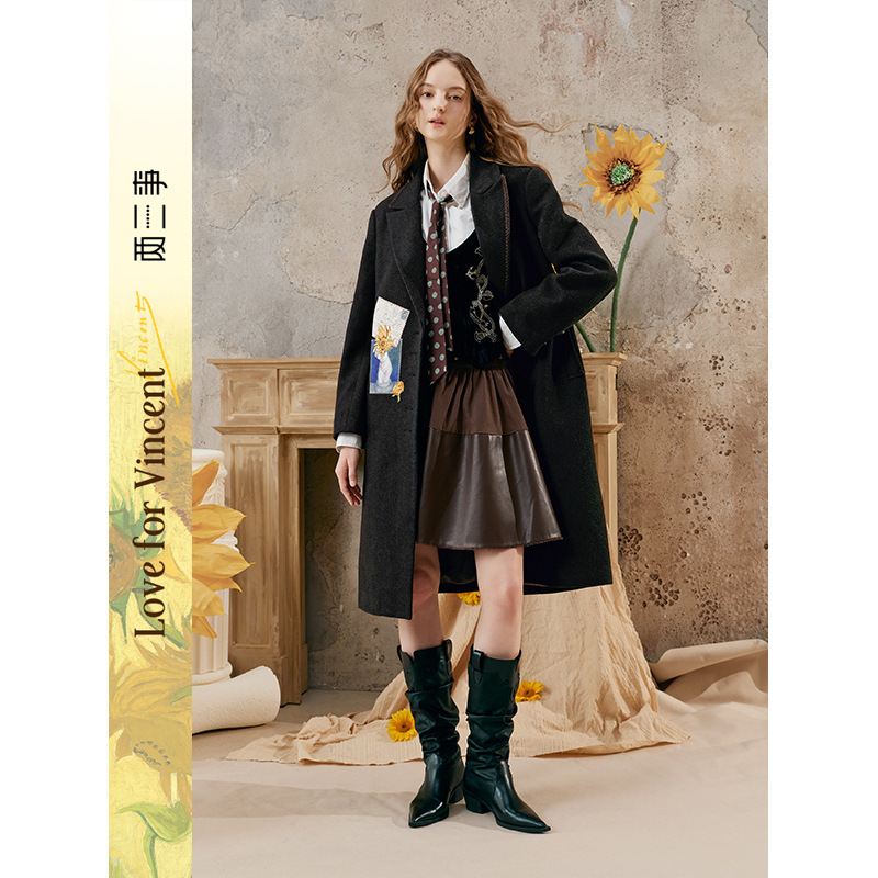 Two or Three Things Van Gogh Literary Unsent Love Letter 2025 Autumn and Winter New Patch Embroidered Mid-Length Wool Jacket for Women