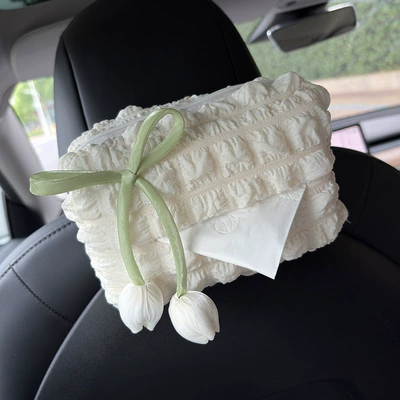 Bag Armrest Box Car Interior – Car tissue box/set - tulip-white-puff-tissue-box
