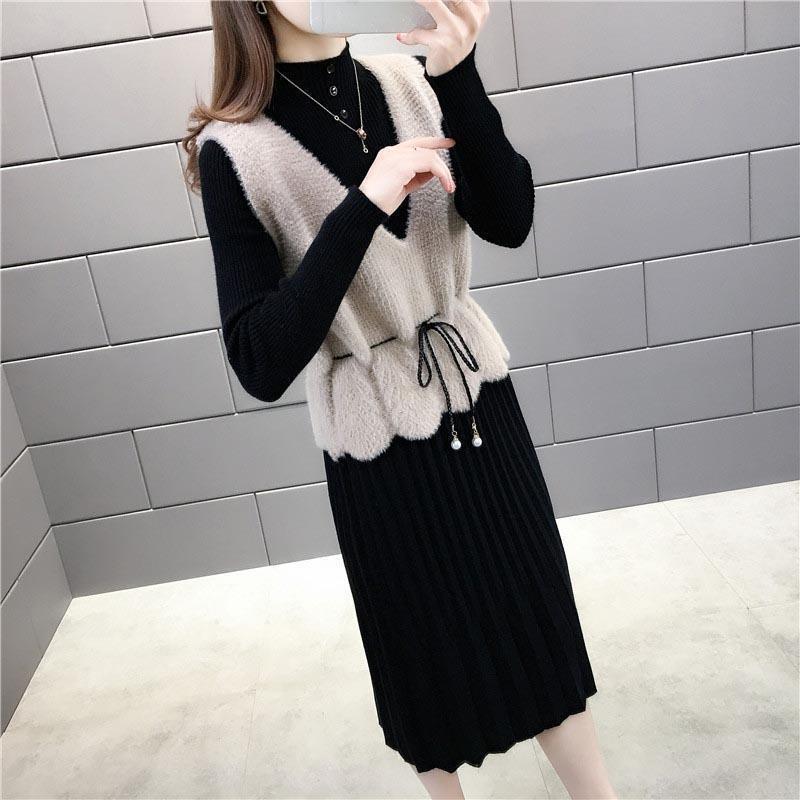 ニットドレススーツ女性の秋服 2025 新しい模造ミンクベルベットベストロングセータードレスツーピーススーツ|undefined