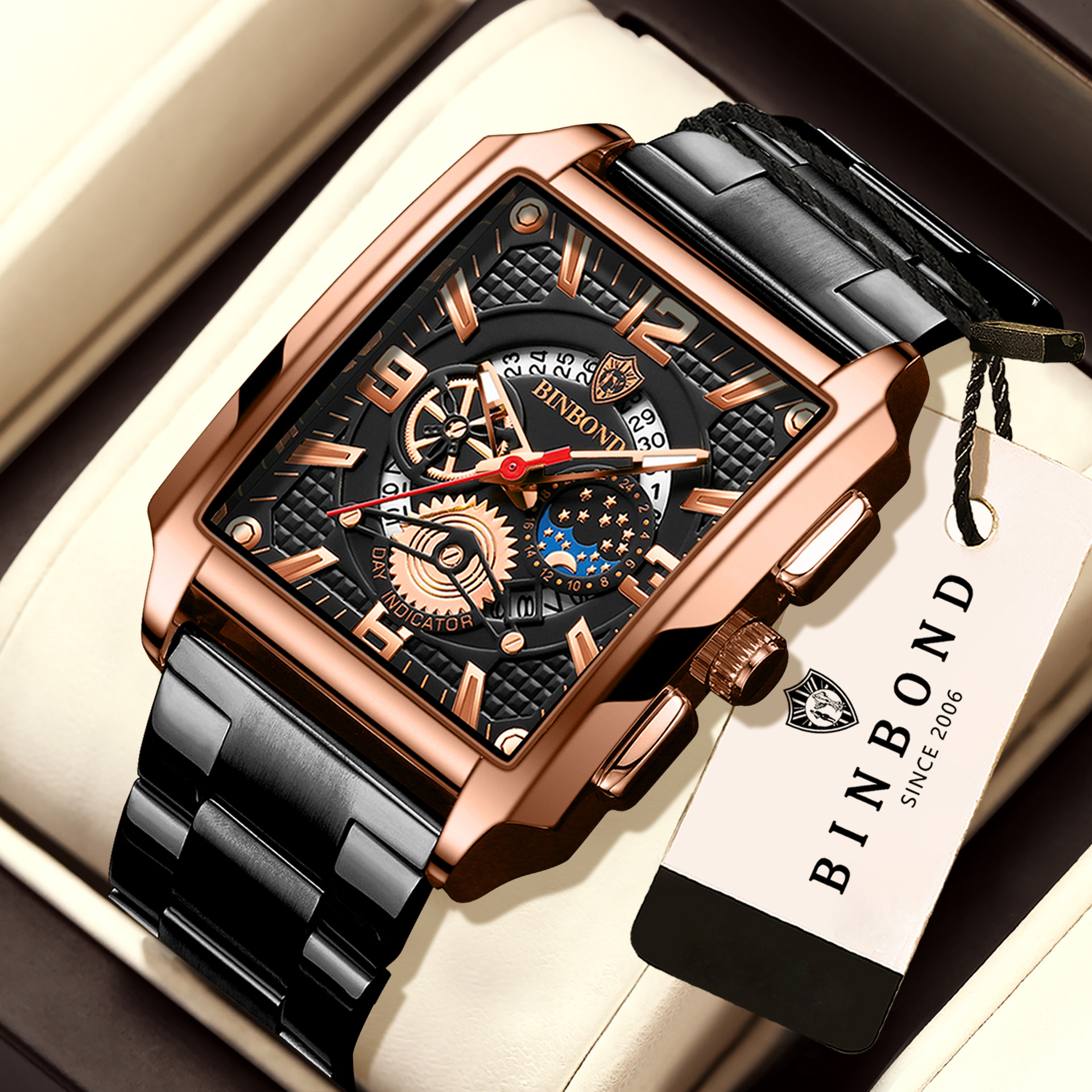 Binbond Men's Retro Cross-Border Popular Square Calendar Waterproof Luminous Wholesale Multi-Functional Sports Gold Watch