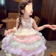 女の子プリンセスドレス 2025 夏の新しいスタイルのドレス子供のチュチュスカートアウターウェア超かわいい甘いスタイル