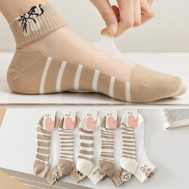 Crystal Stockings Women's Summer Thin Cotton Bottom Non-Slip Anti-Hook Silk Glass Stockings Breathable Sweat-Absorbing Kat Silk Women's Socks