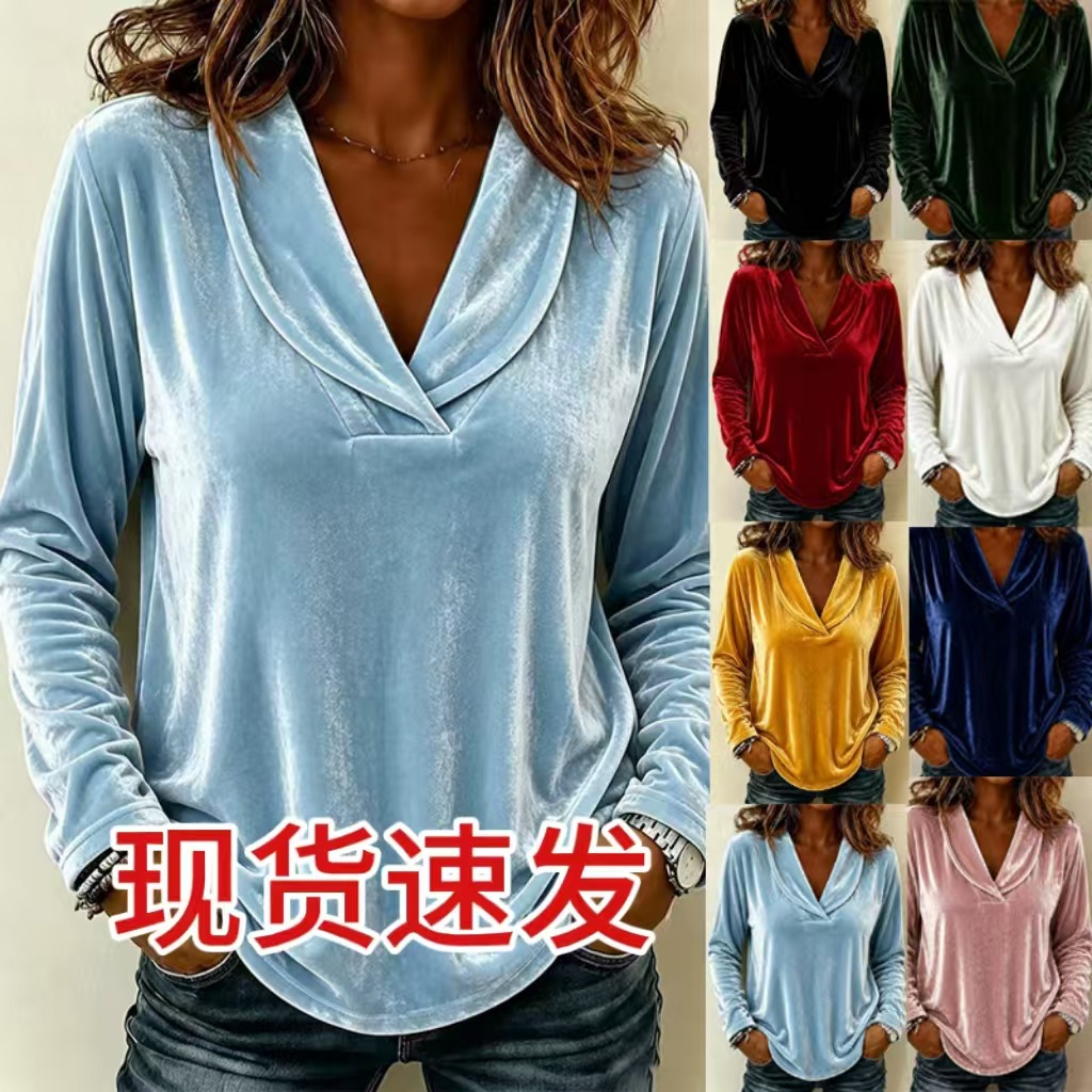 2026 Autumn European and American Cross-Border Amazon Independent Station Fashion Women's New Solid Color Doll Collar Long Sleeve Sexy Velvet