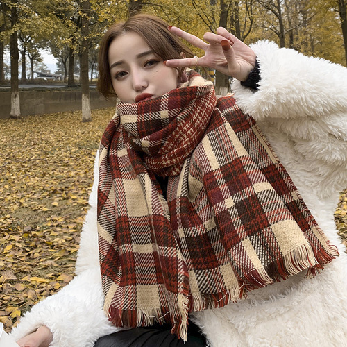 ins style scarf for women winter thickened korean style student versatile cute soft girl british red plaid internet celebrity scarf