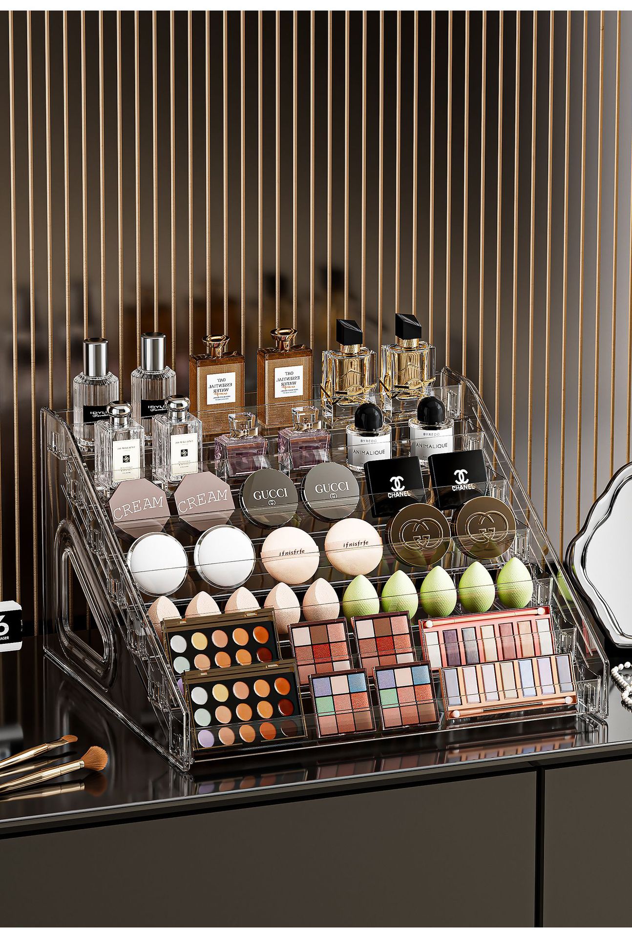 Transparente trapezförmige Kosmetik-Organizer Box Schminktisch Tischplatte Aufbewahrungsregal Make-up Pinsel Lippenstift Parfüm Aufräum- und Präsentationsständer