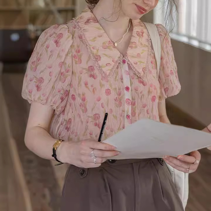 Lightweight French Puff Sleeve Lel Short Sleeve Shirt Women's Summer Pink Girly Shirt Floral Chiffon Top