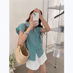 2025夏季新款百搭小个子短袖衬衫女时尚韩版飞飞袖别致polo领上衣