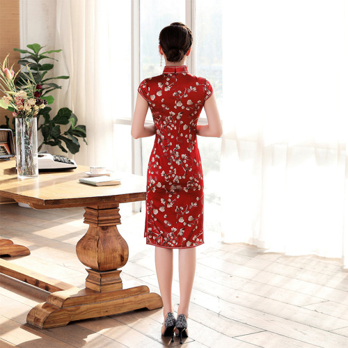 Women red printed Chinese Dresses Silk long cheongsam retro singerss host model show performance qipao dress