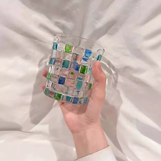 手绘定制茶杯玻璃杯浮雕编织纹彩色方块冷饮咖啡杯水杯子威士忌