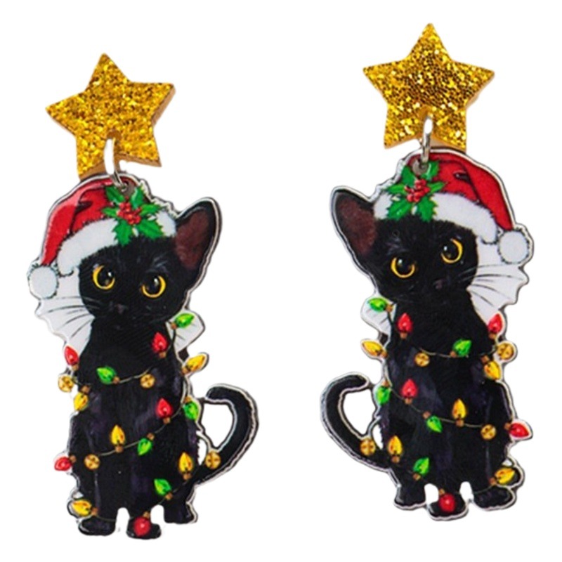 Aretes de gato cambiables de Navidad – acrílico, estilo adorable, campana, gato negro, Europa/América