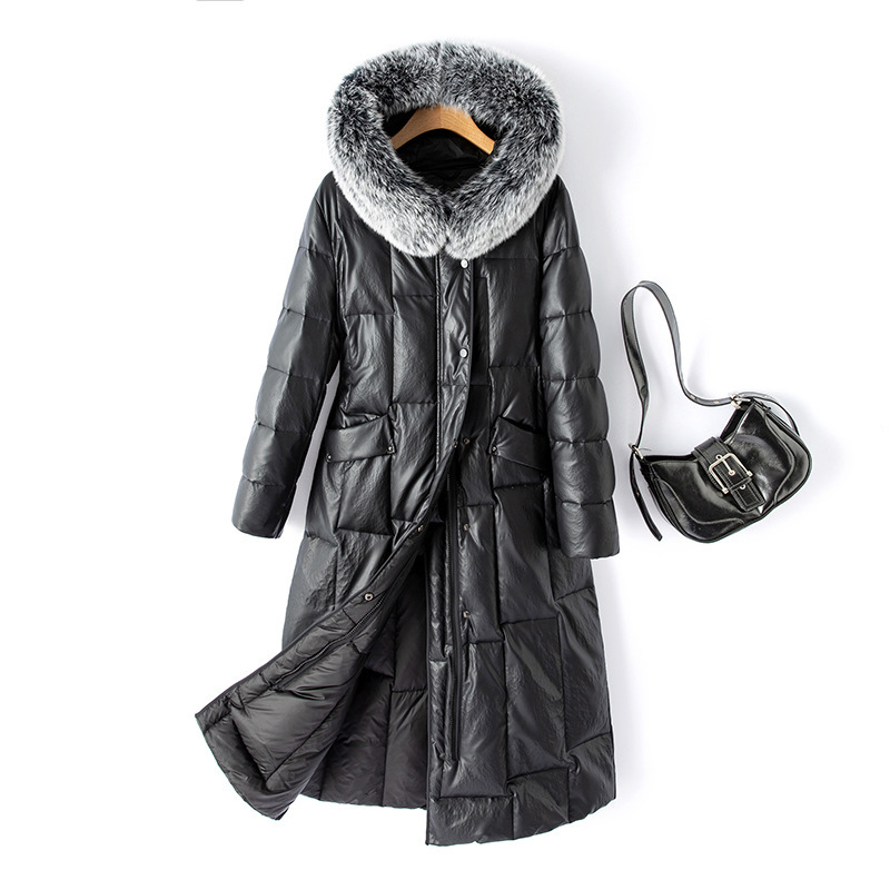 Leather Down 2024 Winter Hooded Down Jacket Korean Women's Long plus size Loose Leather Slim Graphene Fox Fur