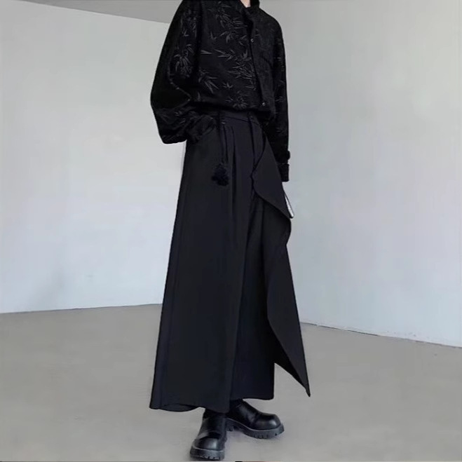New Chinese Style Two-Piece Pants Skirt Dark Splicing Wide-Leg Loose Black Suit Pants Unisex High-End Casual Long Pants