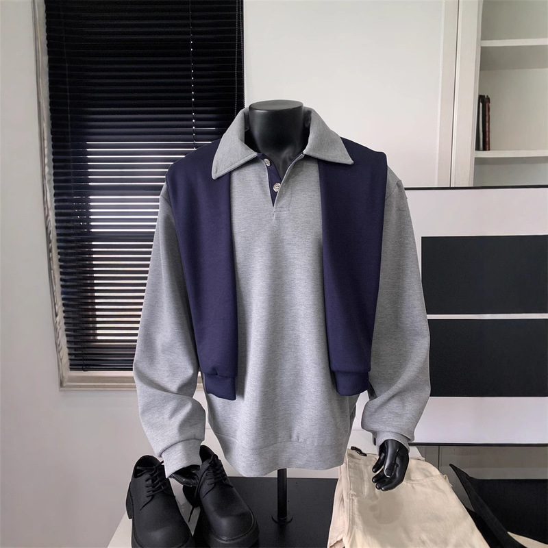 American-style Heavy Fake Two-piece Stitching Sweatshirt with Shawl for Men and Women Loose Solid Color T-shirt Long-sleeved High-end Top
