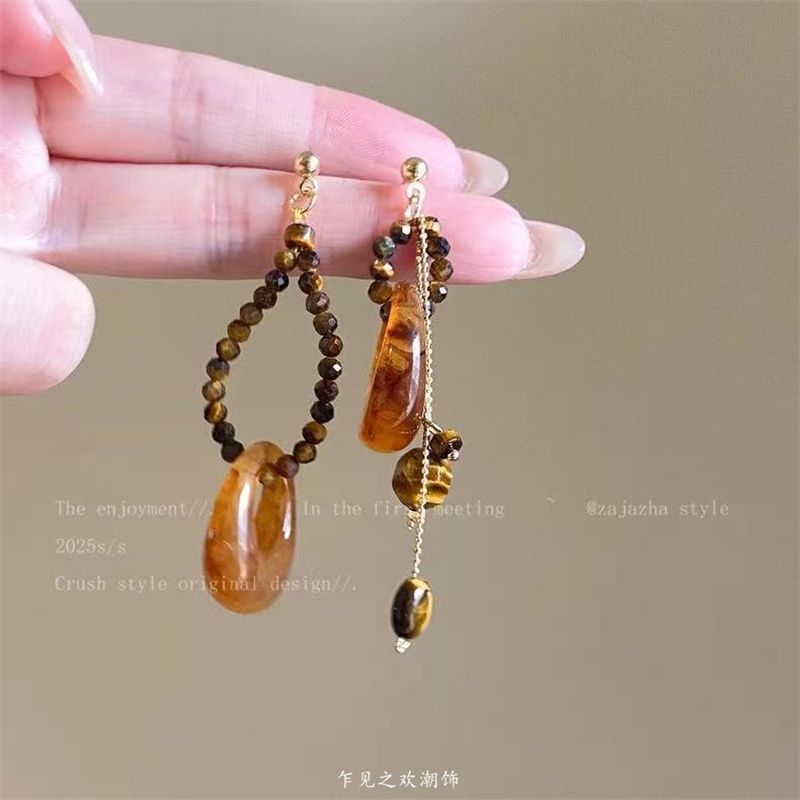 银针树脂虎眼石圆形不对称耳环休闲时尚百搭耳钉设计感小众耳饰女|undefined