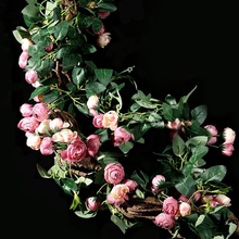 仿真玫瑰花藤条客厅栅栏吊花空调管子装饰藤蔓塑料花高档墙面遮挡